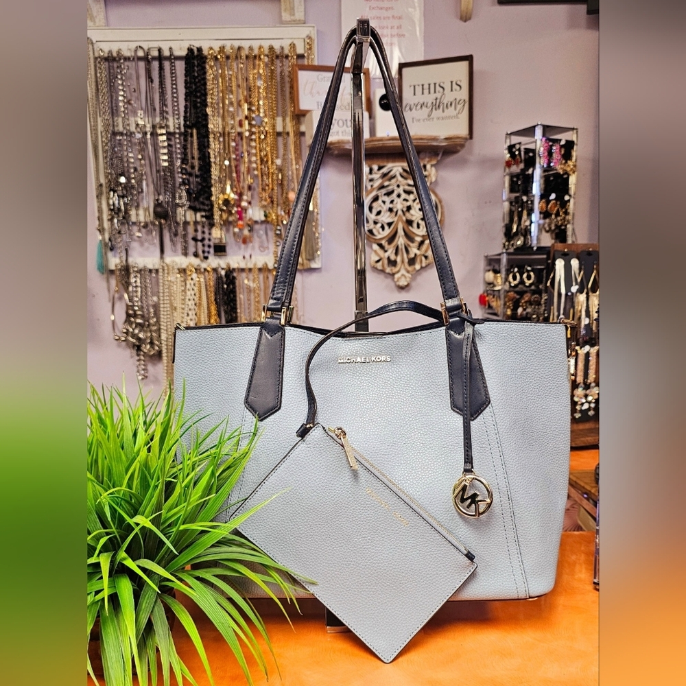 Michael Kors Light Blue Tote with Black Accents